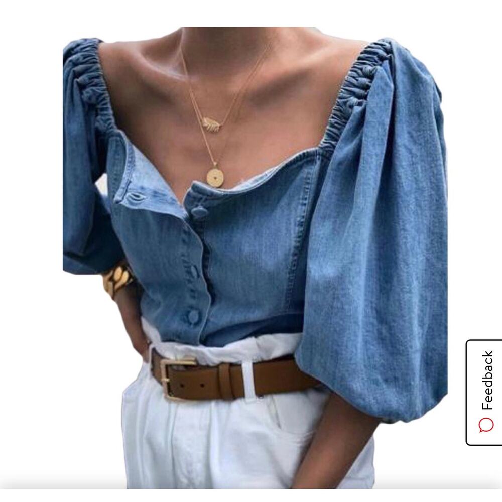 NEW Retro Off Shoulder Chambray Puff Sleeve Button Up Cotton Blend Blouse 2XL - Picture 4 of 7